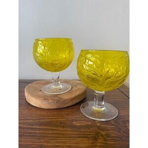 Vintage Yellow Secla Cabbage Leaf Goblets Set of 2 Chartreuse mcm